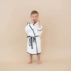 Kyte Baby Hooded Bath Robe in Cloud with Midnight Trim Clearance