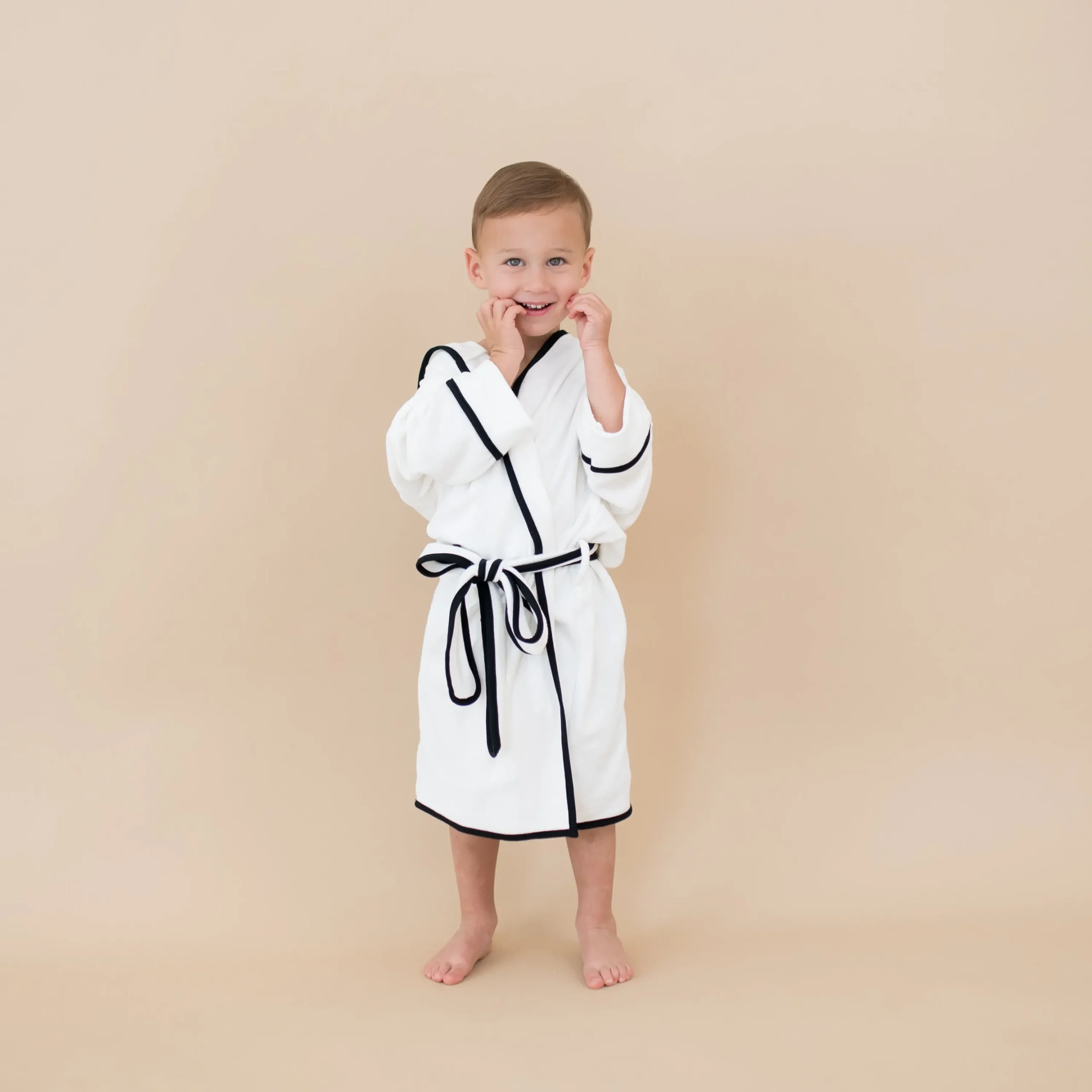 Kyte Baby Hooded Bath Robe in Cloud with Midnight Trim Clearance