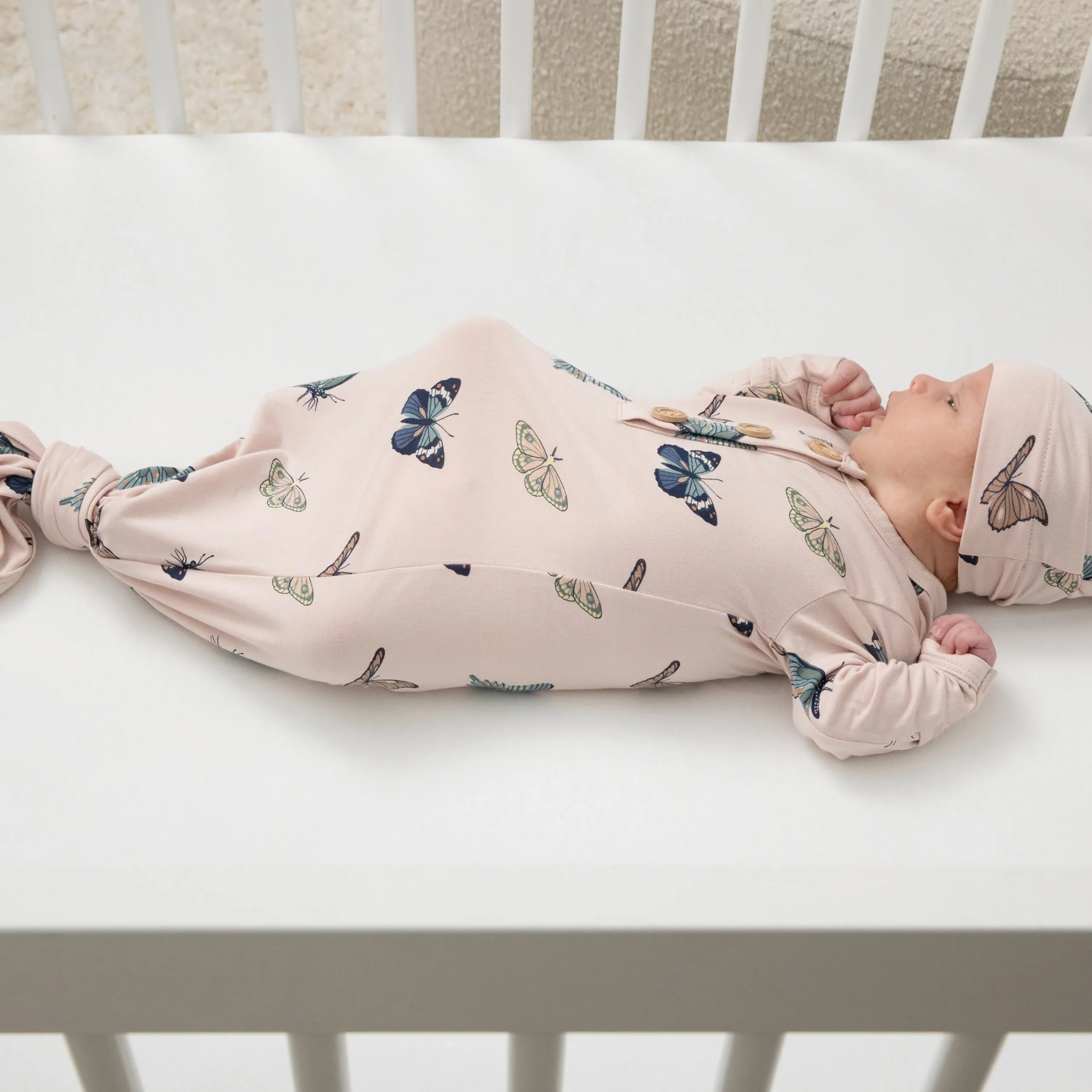 Kyte Baby Knotted Gown with Hat Set in Blush Butterfly Best