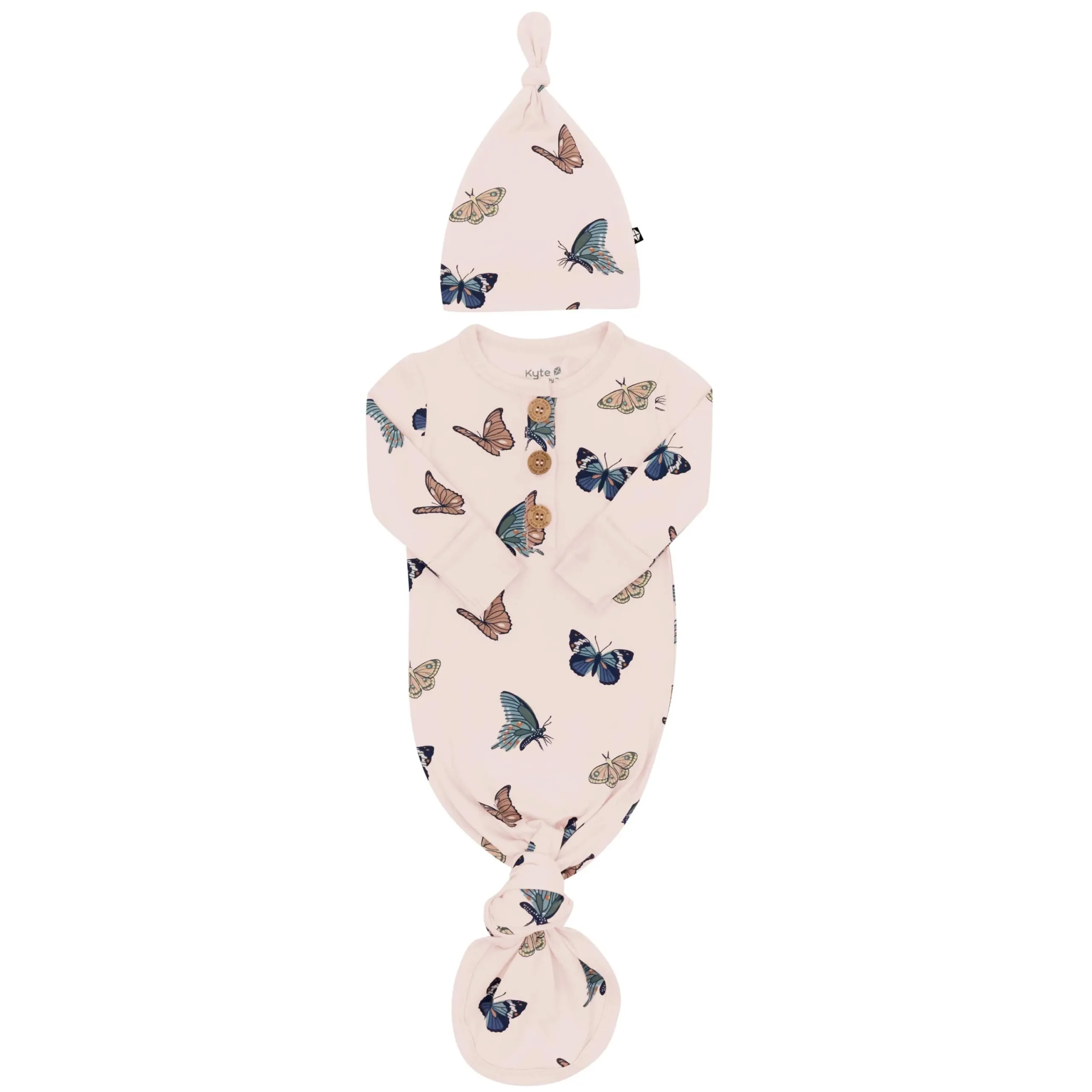 Kyte Baby Knotted Gown with Hat Set in Blush Butterfly Best