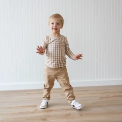 Kyte Baby Long Sleeve Toddler Crew Neck Tee in Gingham Bisque Sale