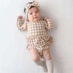 Kyte Baby Long Sleeve Twirl Bodysuit Dress in Gingham Bisque Outlet