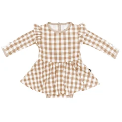 Kyte Baby Long Sleeve Twirl Bodysuit Dress in Gingham Bisque Outlet
