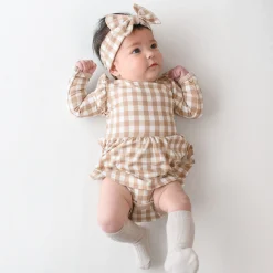 Kyte Baby Long Sleeve Twirl Bodysuit Dress in Gingham Bisque Outlet