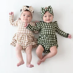 Kyte Baby Long Sleeve Twirl Bodysuit Dress in Gingham Fir Outlet
