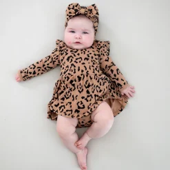 Kyte Baby Long Sleeve Twirl Bodysuit Dress in Latte Leopard Sale