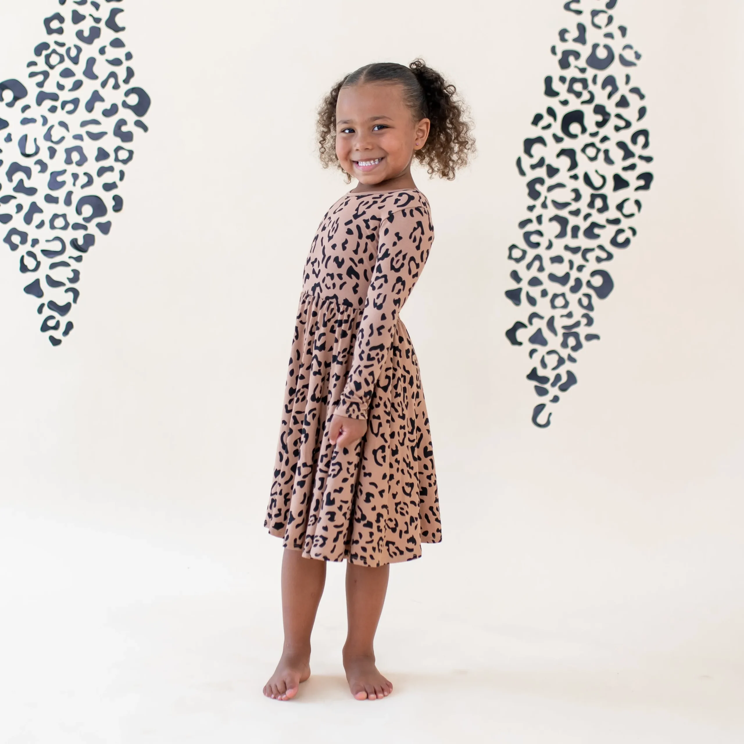 Kyte Baby Long Sleeve Twirl Dress in Latte Leopard