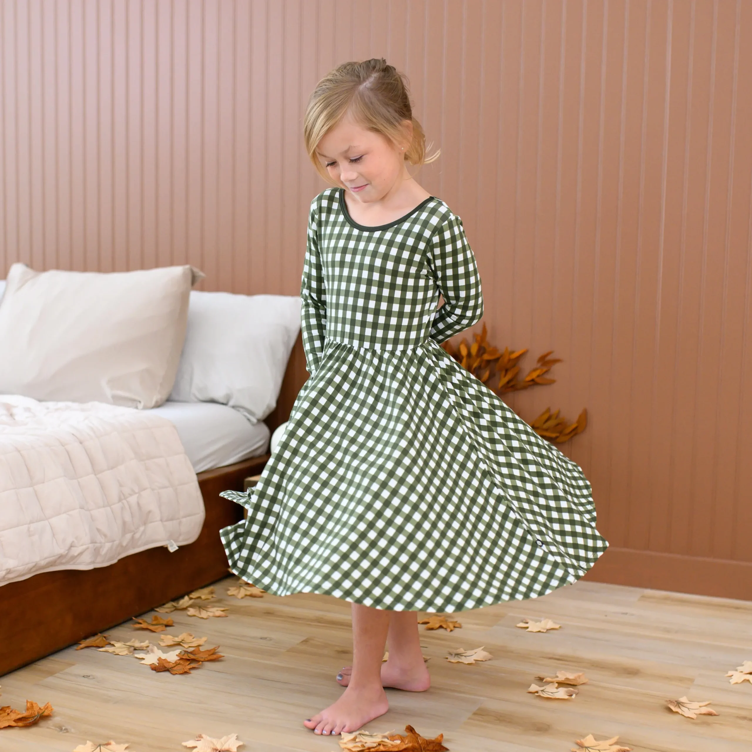 Kyte Baby Long Sleeve Twirl Dress in Gingham Fir New