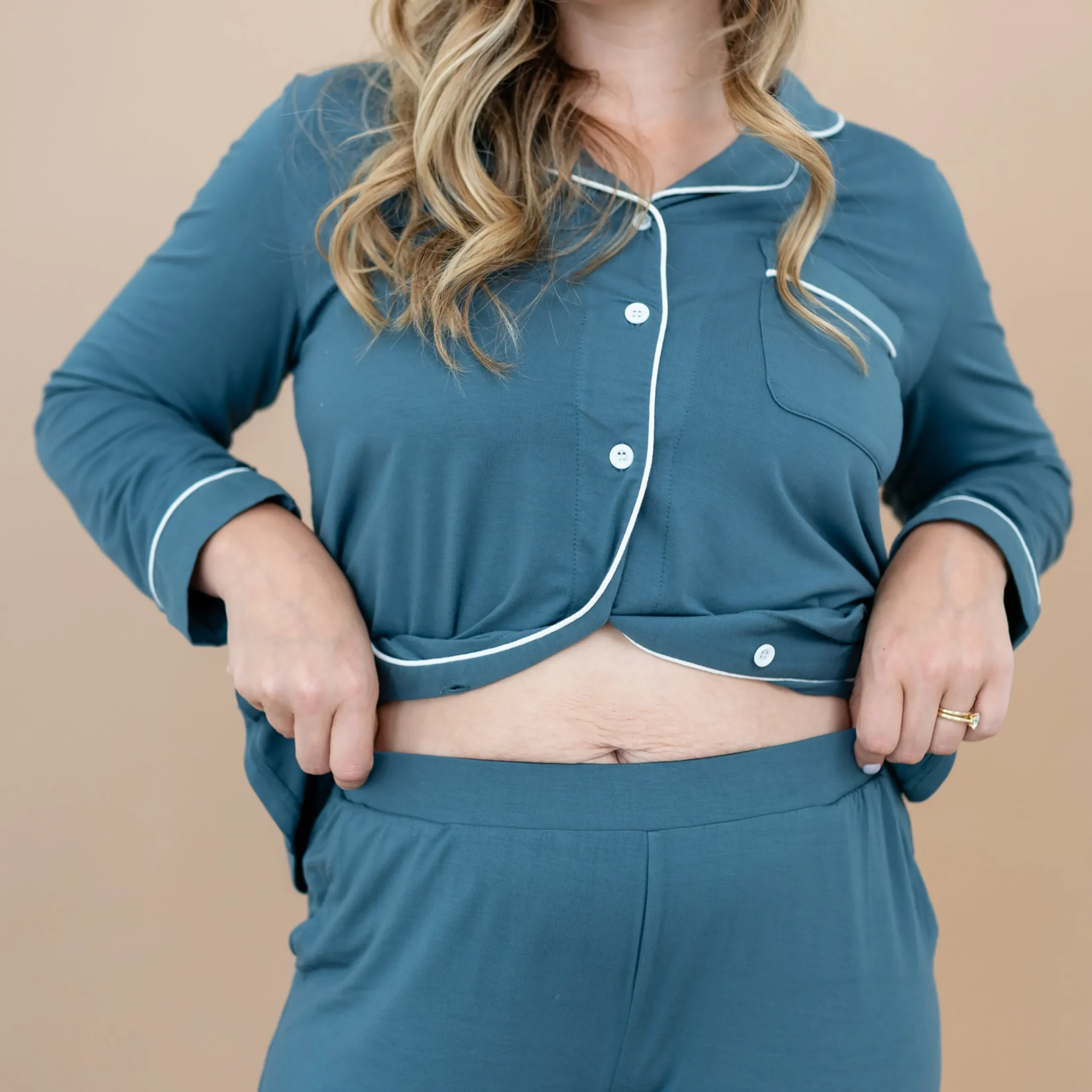 Kyte Baby Long-Sleeved Women's Pajama Set in with Cloud Trim Atlantic Best