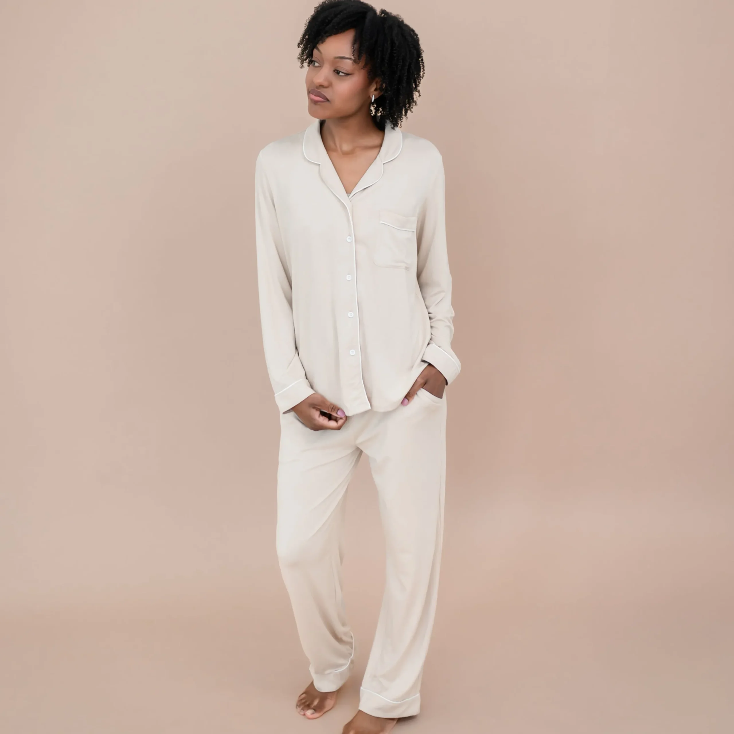 Kyte Baby Long-Sleeved Women's Pajama Set in with Cloud Trim Bisque Outlet