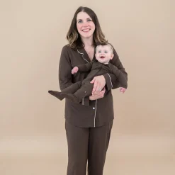Kyte Baby Long-Sleeved Women's Pajama Set in with Cloud Trim Espresso