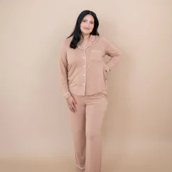 Kyte Baby Long-Sleeved Women's Pajama Set in with Cloud Trim Latte Sale