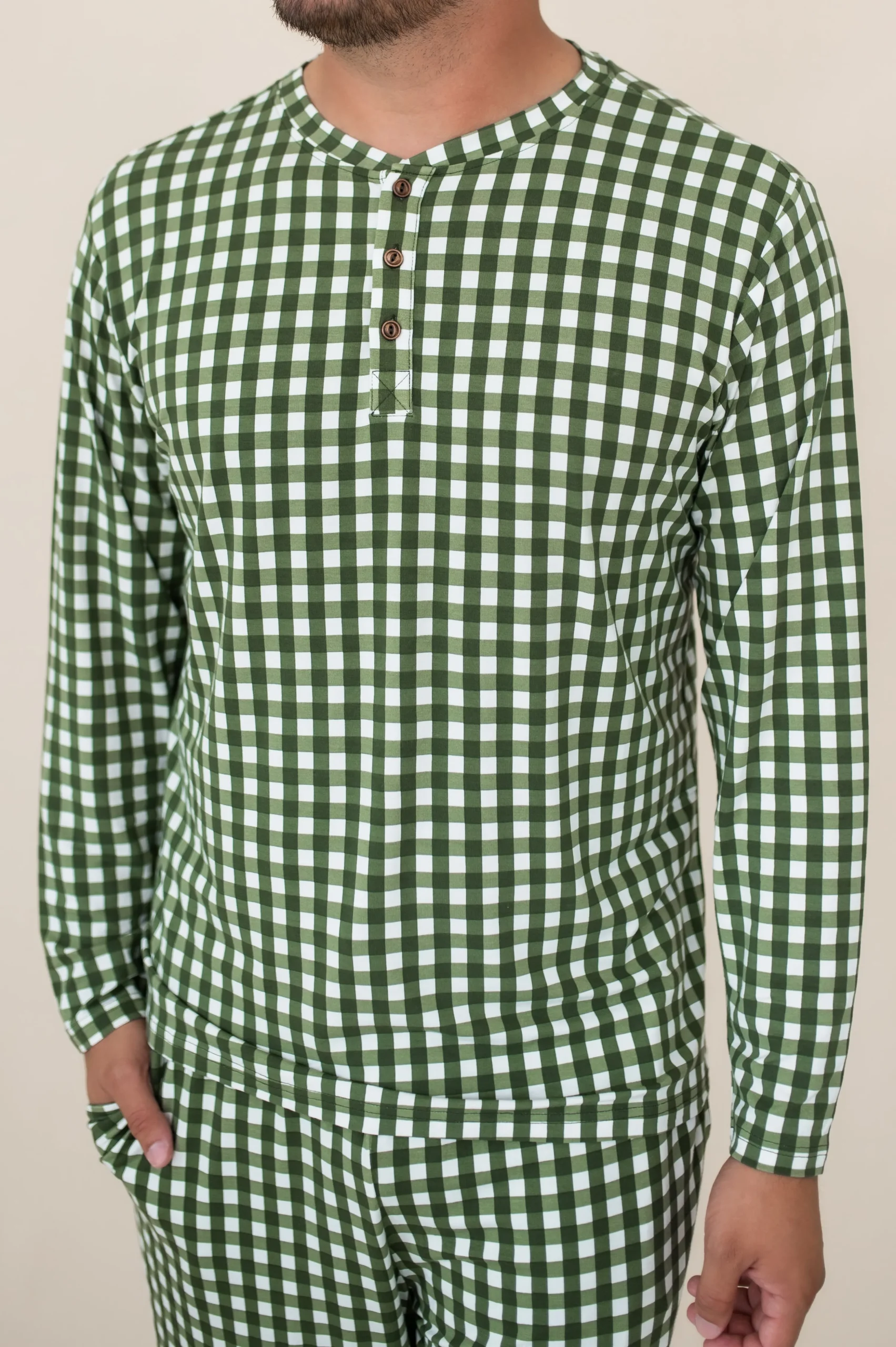 Kyte Baby Men's Long Sleeve Henley Top in Gingham Fir Hot