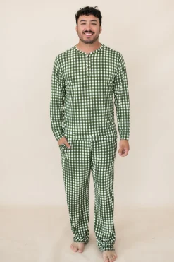 Kyte Baby Men's Long Sleeve Henley Top in Gingham Fir Hot
