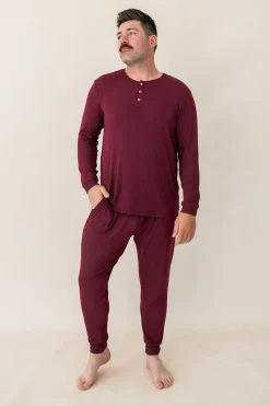 Kyte Baby Men's Ribbed Henley Set in Burgundy Hot