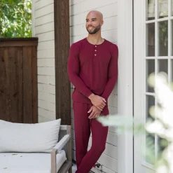 Kyte Baby Men's Ribbed Henley Set in Burgundy Hot