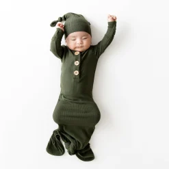 Kyte Baby Ribbed Knotted Gown with Hat Set in Fir Clearance