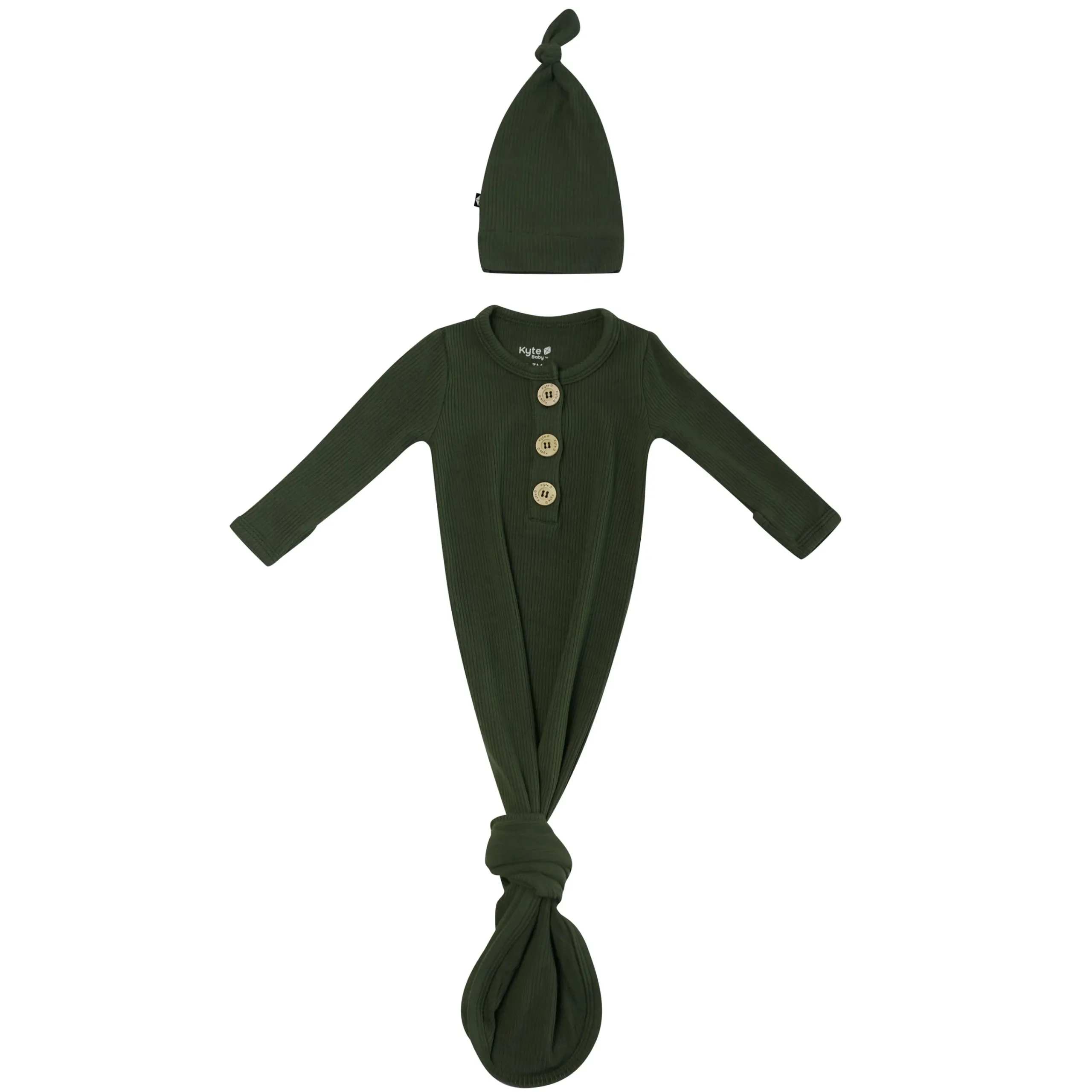 Kyte Baby Ribbed Knotted Gown with Hat Set in Fir Clearance