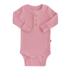 Kyte Baby Ribbed Long Sleeve Henley Bodysuit in Apple Blossom Clearance