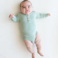 Kyte Baby Ribbed Long Sleeve Henley Bodysuit in Sage Clearance