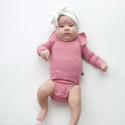 Kyte Baby Ribbed Long Sleeve Ruffle Leotard in Apple Blossom Online
