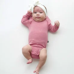 Kyte Baby Ribbed Long Sleeve Ruffle Leotard in Apple Blossom Online