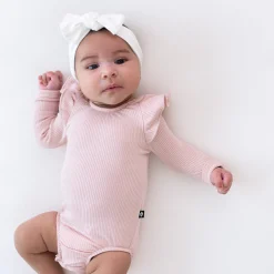 Kyte Baby Ribbed Long Sleeve Ruffle Leotard in Blush Discount