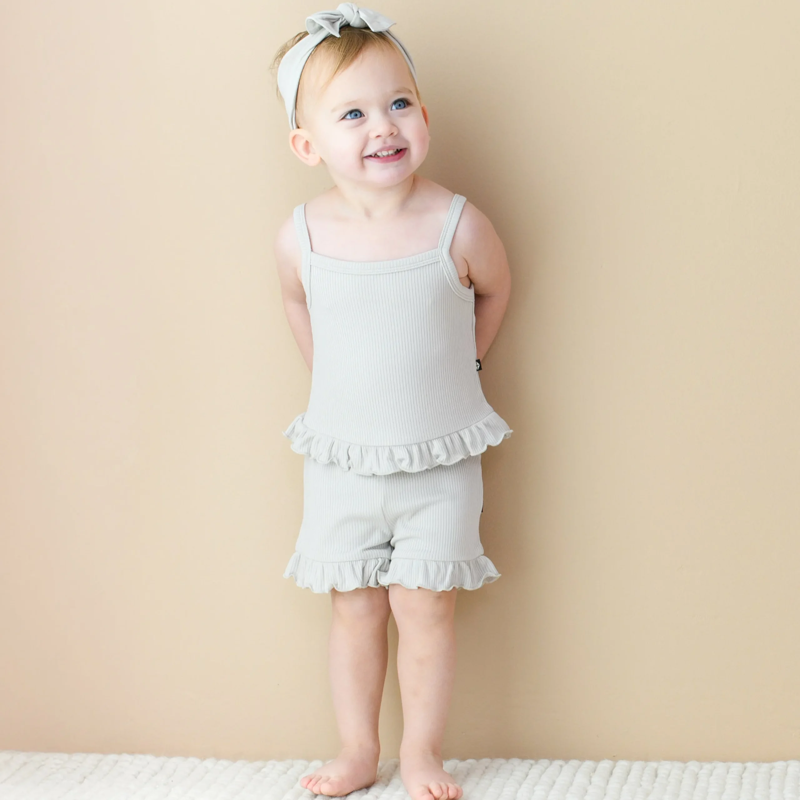 Kyte Baby Ribbed Ruffle Tank Set in Oat Sale