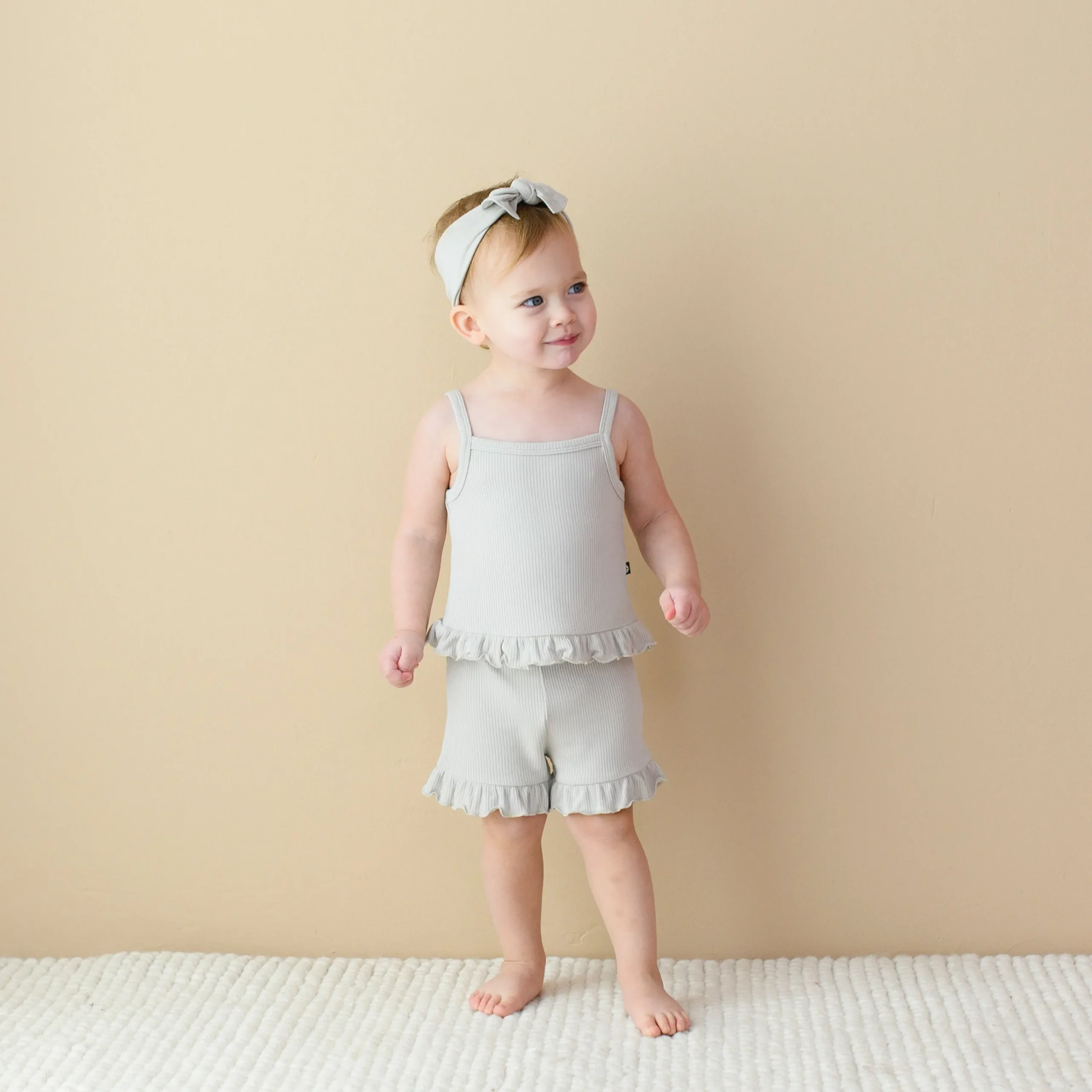 Kyte Baby Ribbed Ruffle Tank Set in Oat Sale