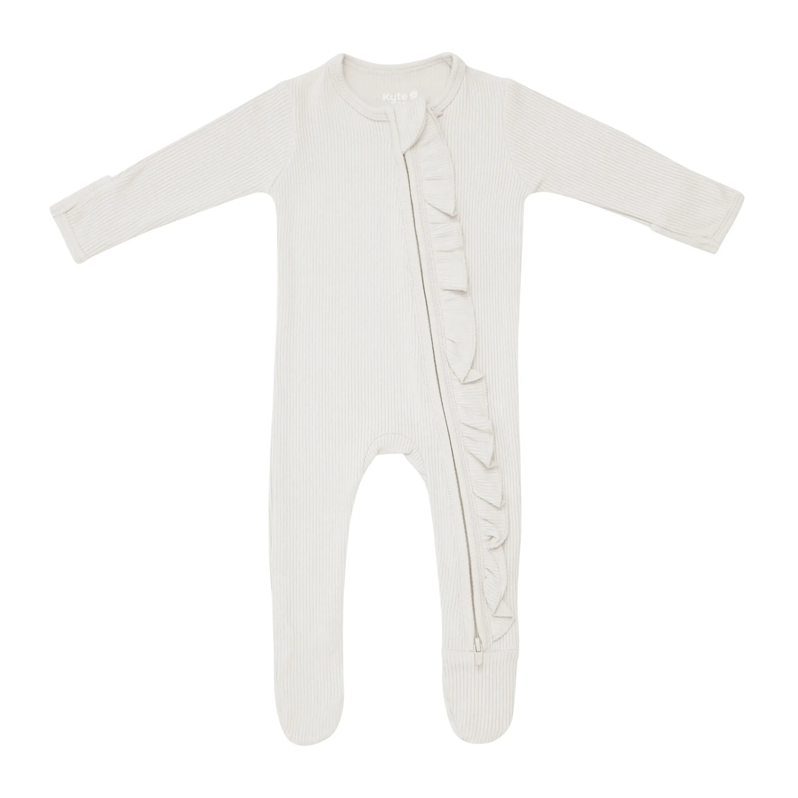 Kyte Baby Ribbed Ruffle Zipper Footie in Oat Best