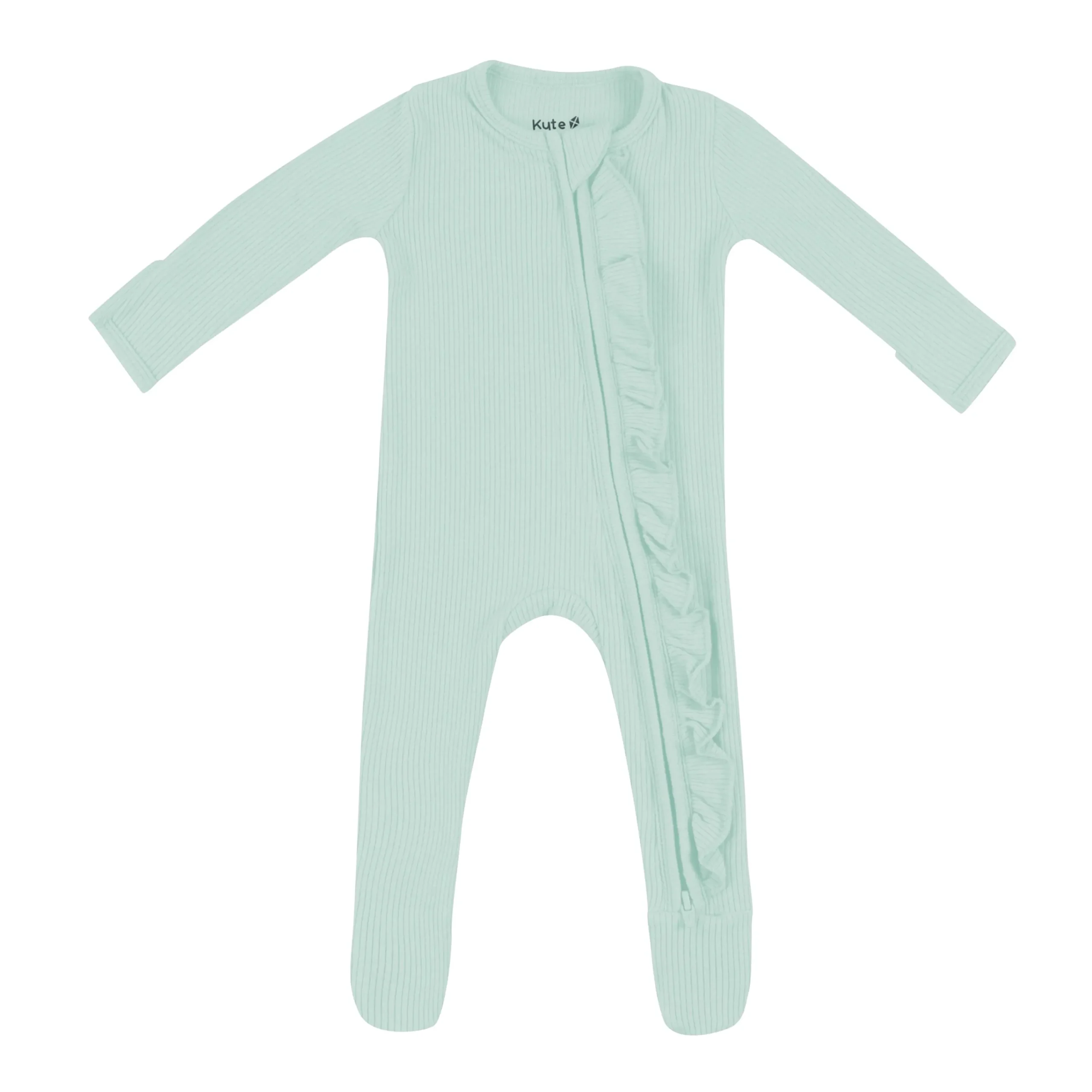 Kyte Baby Ribbed Ruffle Zipper Footie in Sage Clearance
