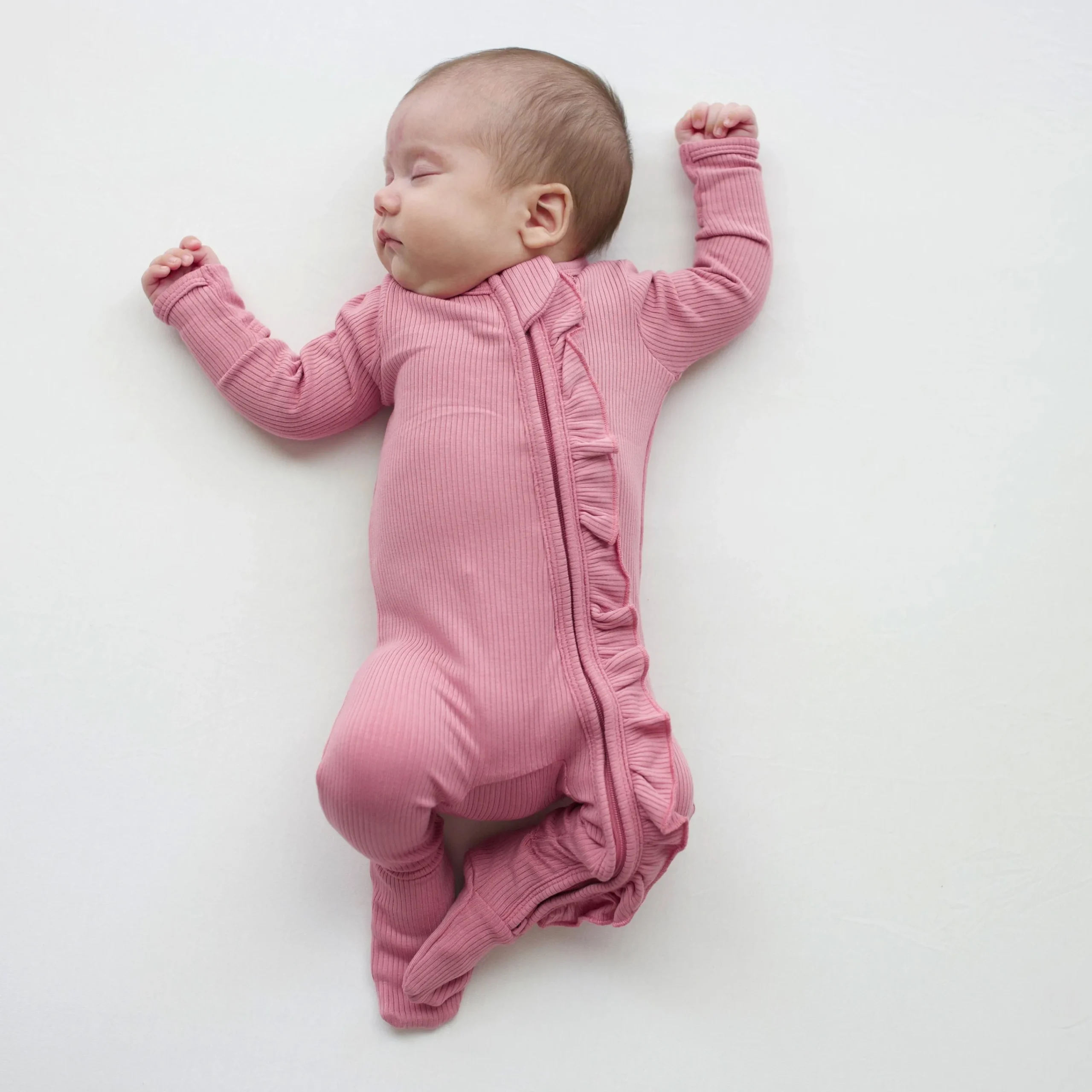 Kyte Baby Ribbed Ruffle Zipper Footie in Apple Blossom Discount