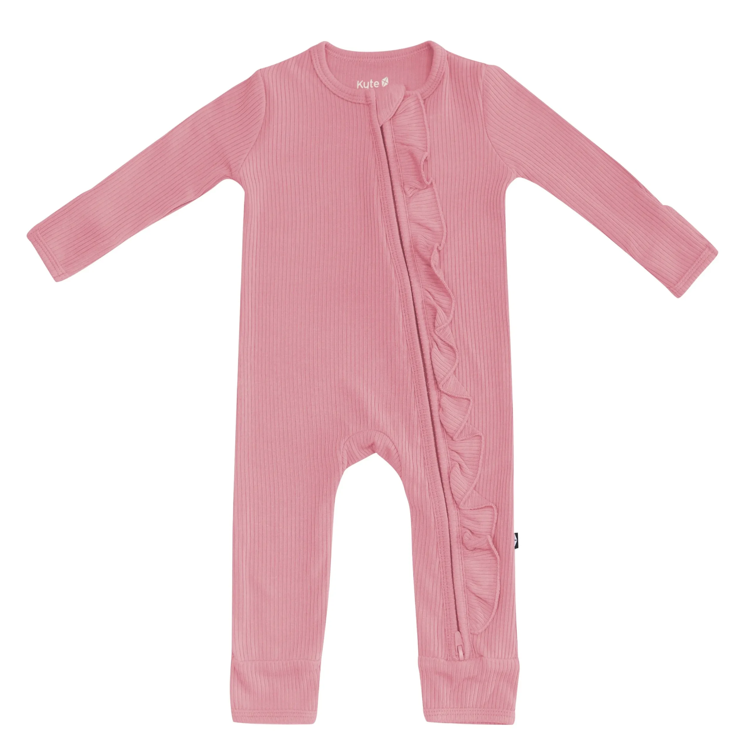 Kyte Baby Ribbed Ruffle Zipper Romper in Apple Blossom Online