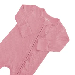 Kyte Baby Ribbed Ruffle Zipper Romper in Apple Blossom Online