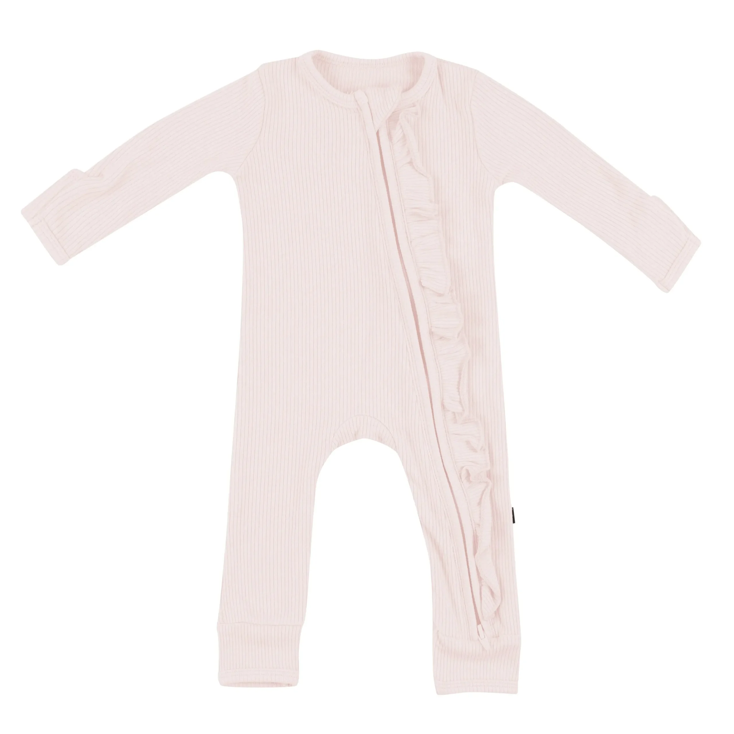 Kyte Baby Ribbed Ruffle Zipper Romper in Blush Hot