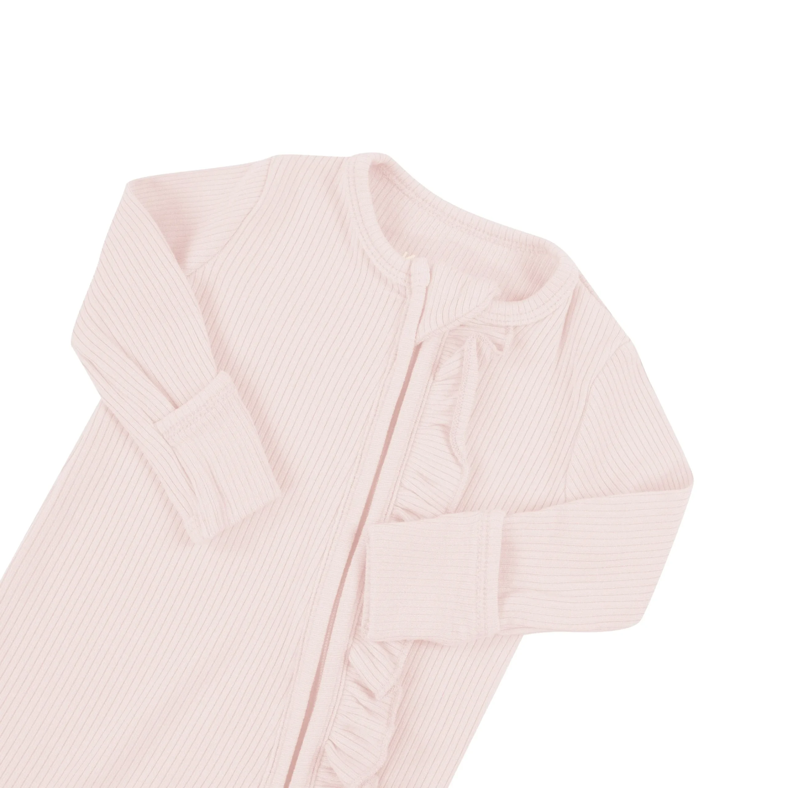 Kyte Baby Ribbed Ruffle Zipper Romper in Blush Hot