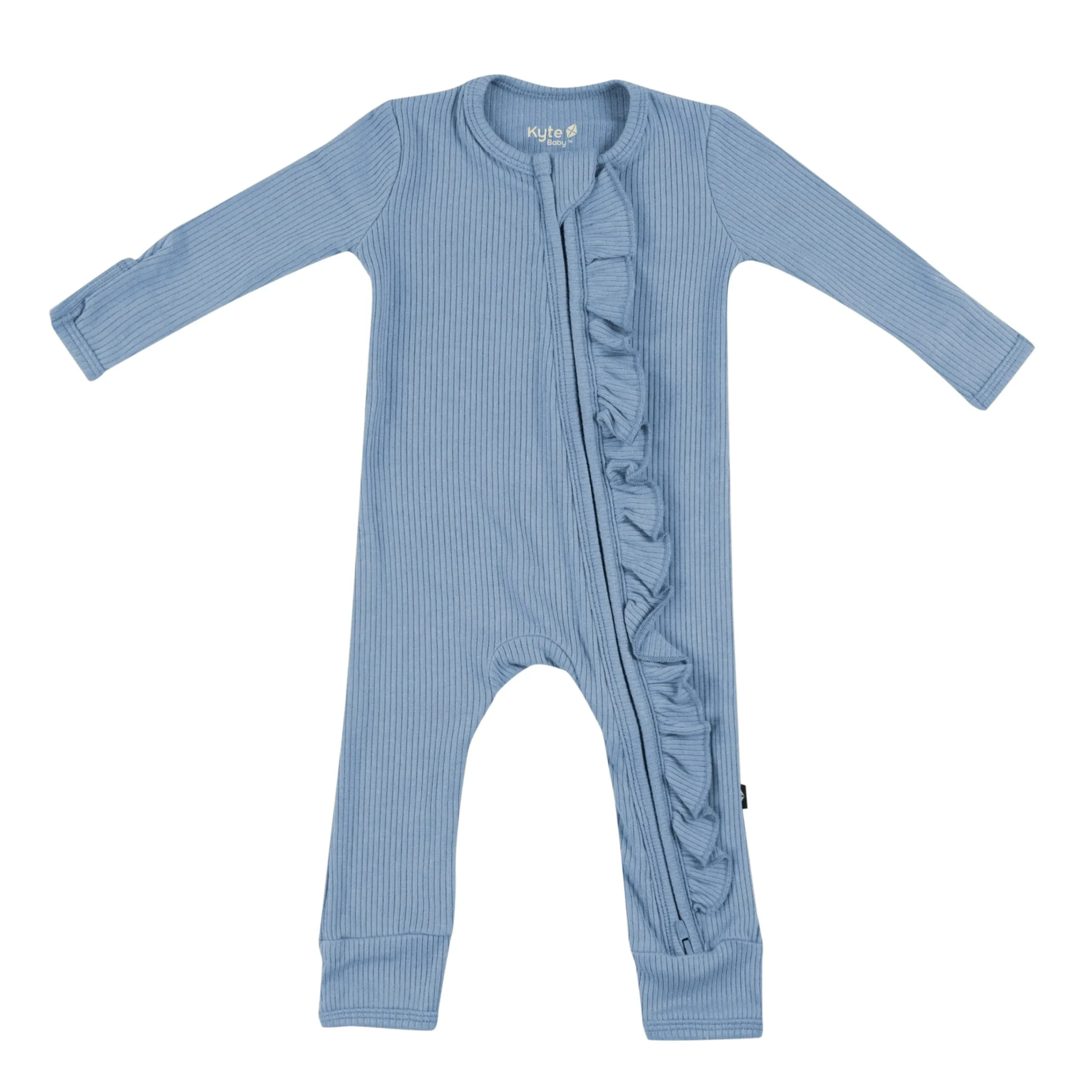 Kyte Baby Ribbed Ruffle Zipper Romper in Slate New