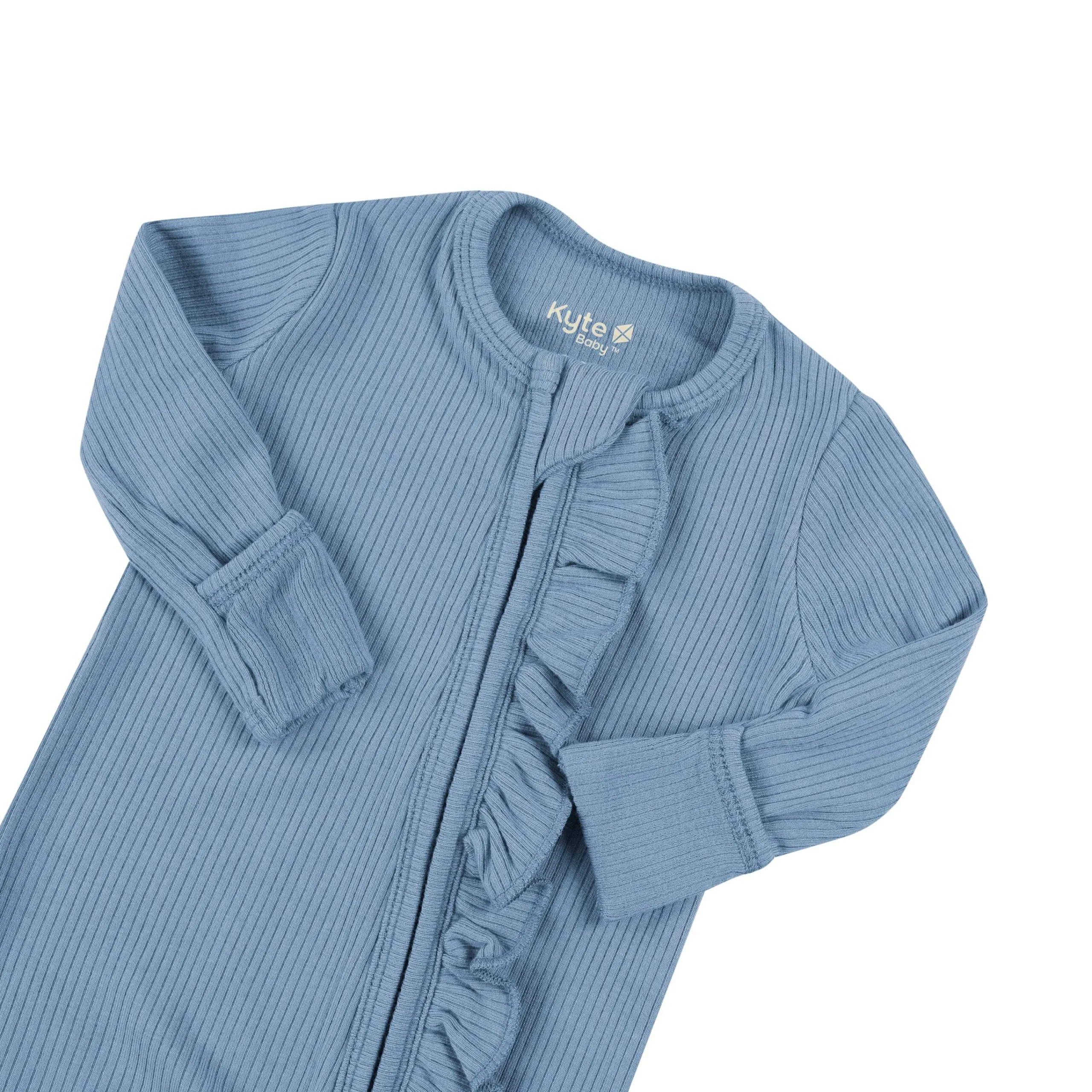 Kyte Baby Ribbed Ruffle Zipper Romper in Slate New