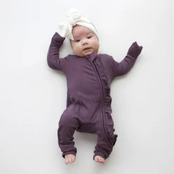 Kyte Baby Ribbed Ruffle Zipper Romper in Currant Clearance