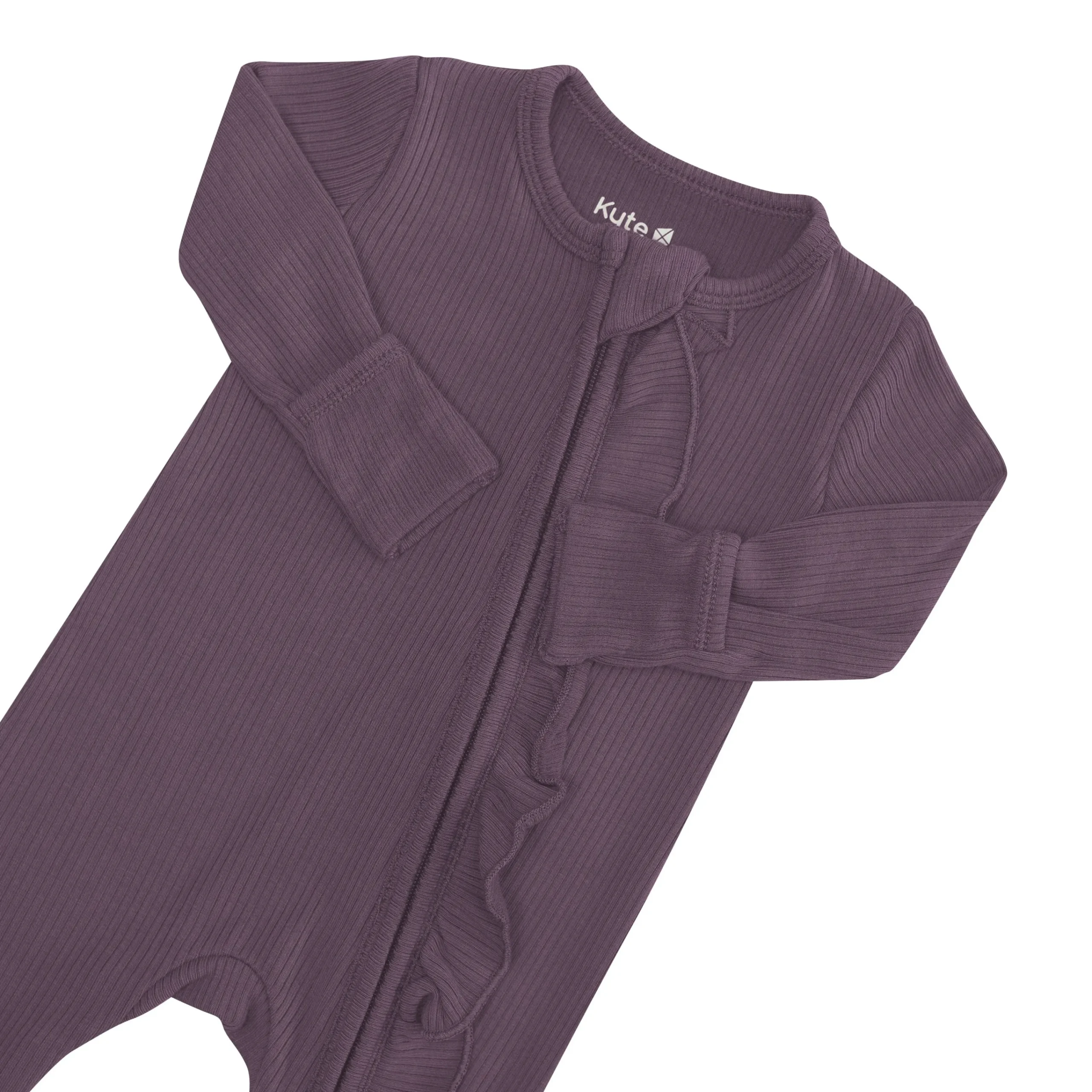 Kyte Baby Ribbed Ruffle Zipper Romper in Currant Clearance