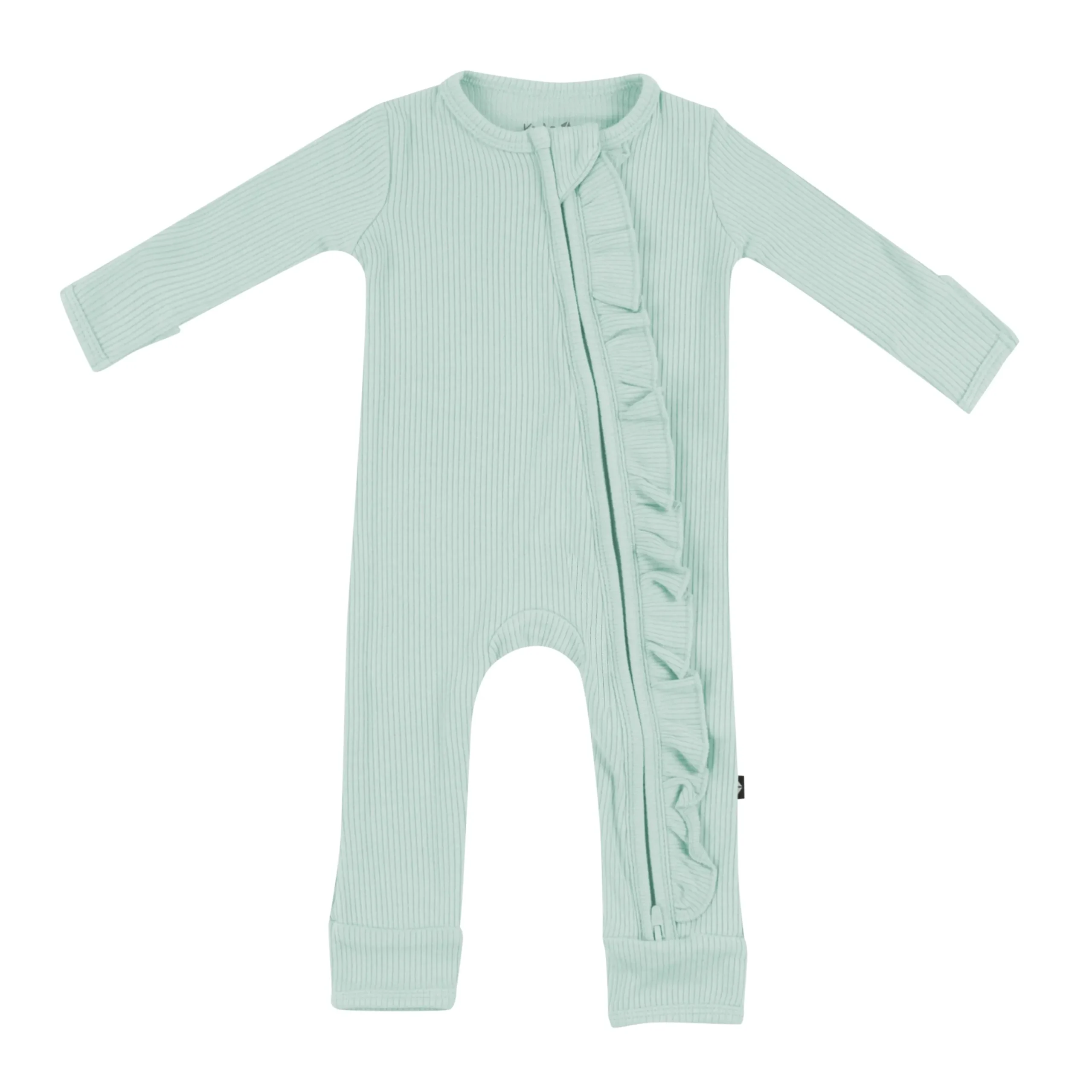Kyte Baby Ribbed Ruffle Zipper Romper in Sage Outlet