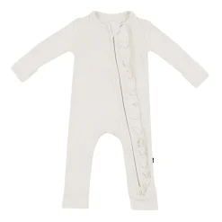 Kyte Baby Ribbed Ruffle Zipper Romper in Oat Clearance