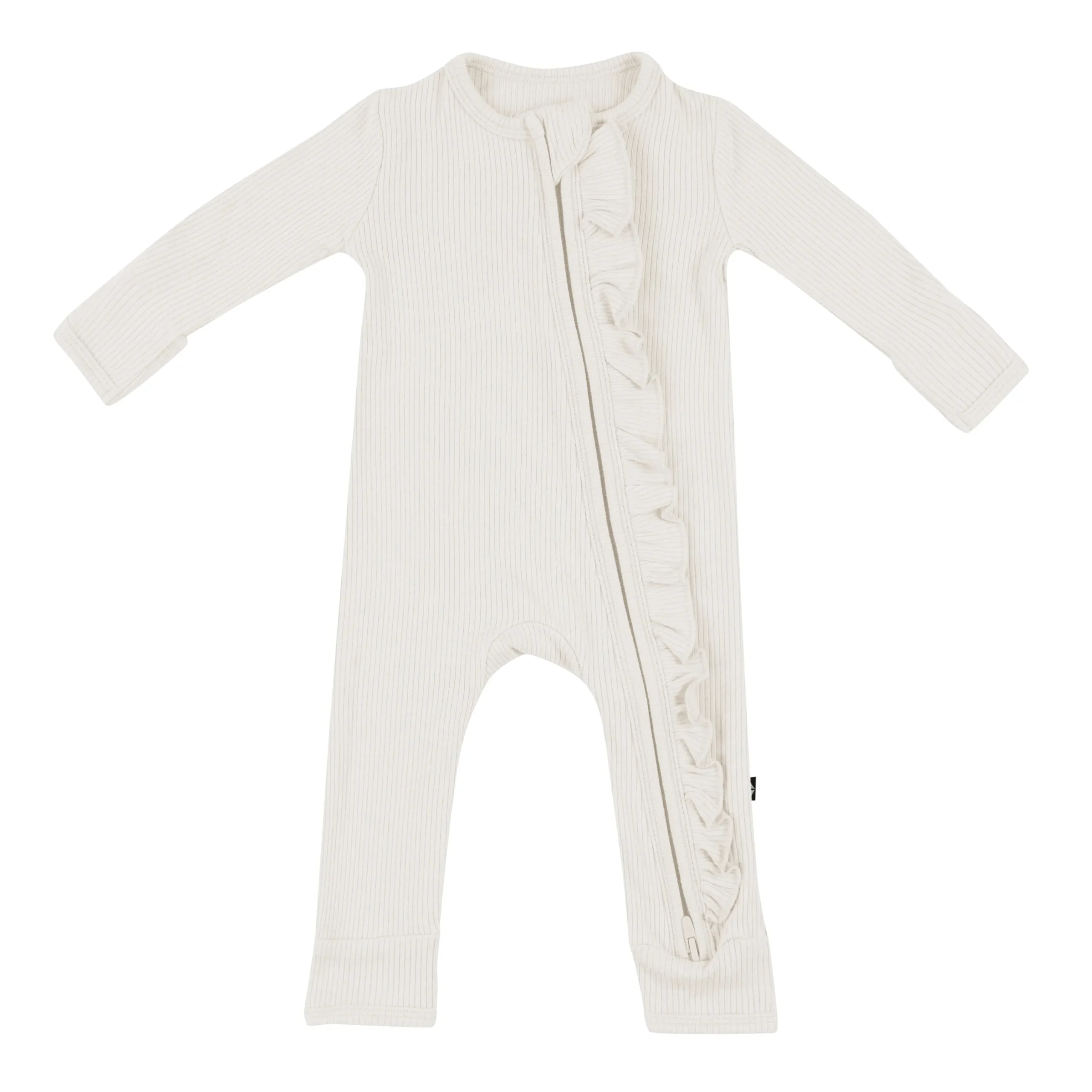 Kyte Baby Ribbed Ruffle Zipper Romper in Oat Clearance