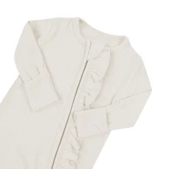 Kyte Baby Ribbed Ruffle Zipper Romper in Oat Clearance