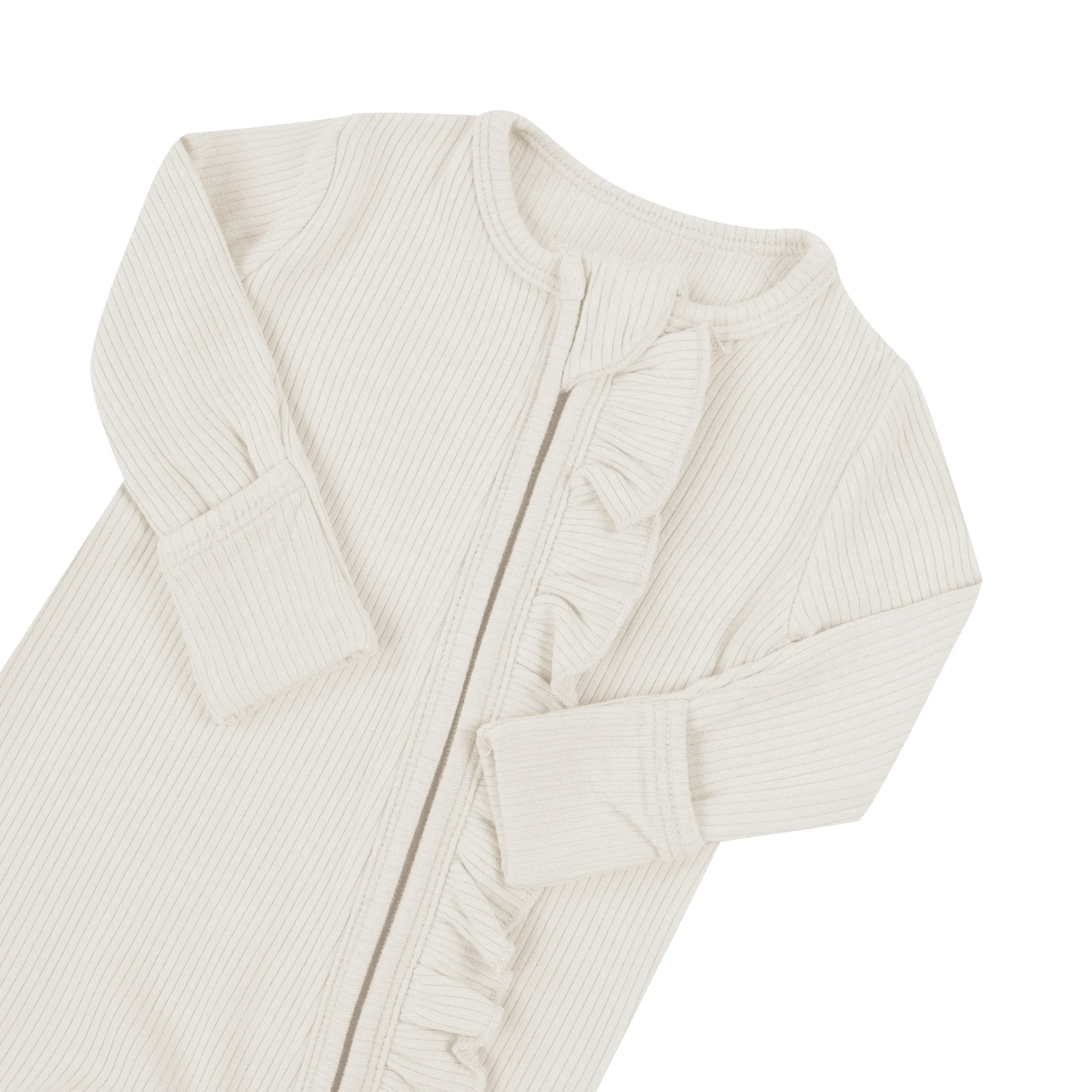 Kyte Baby Ribbed Ruffle Zipper Romper in Oat Clearance