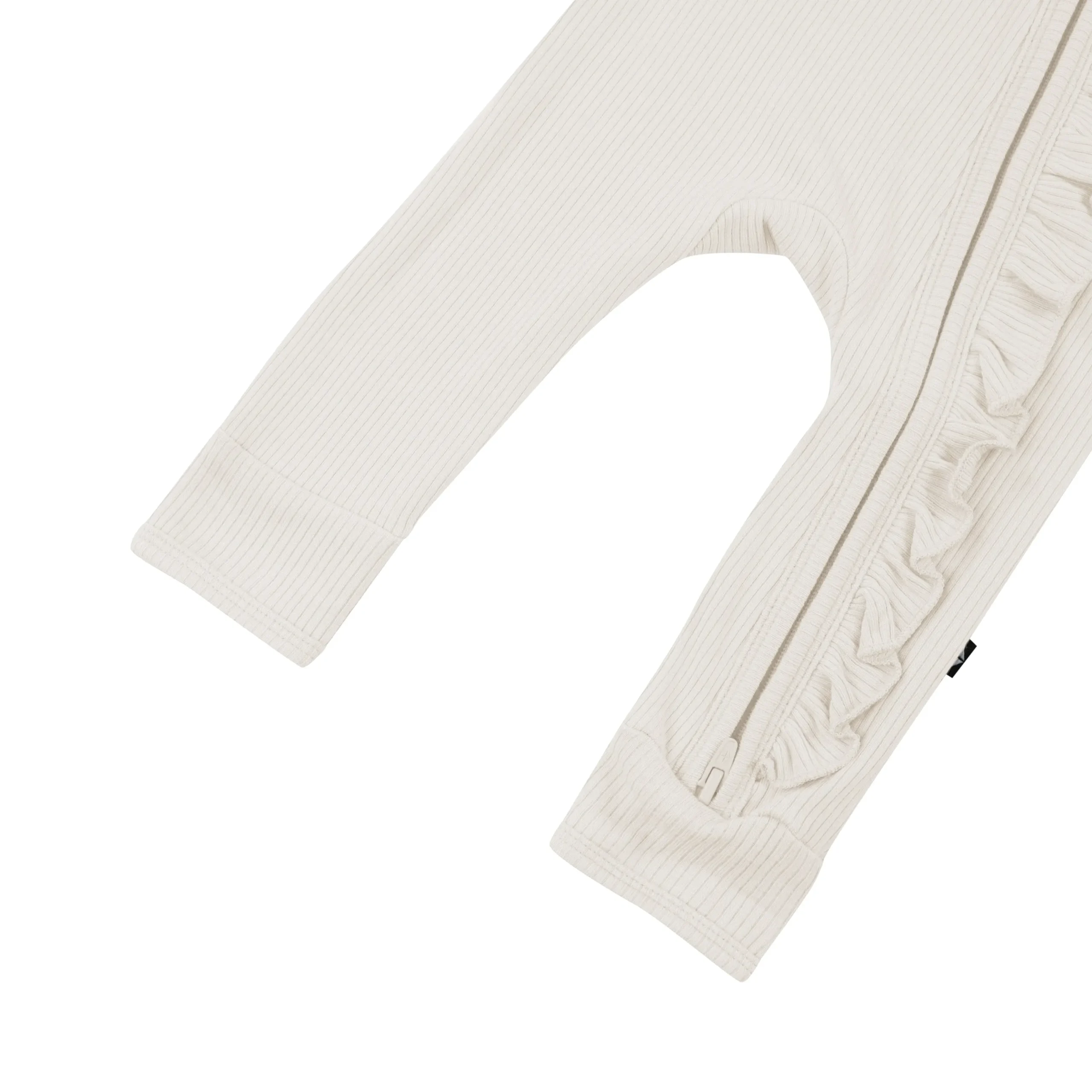 Kyte Baby Ribbed Ruffle Zipper Romper in Oat Clearance