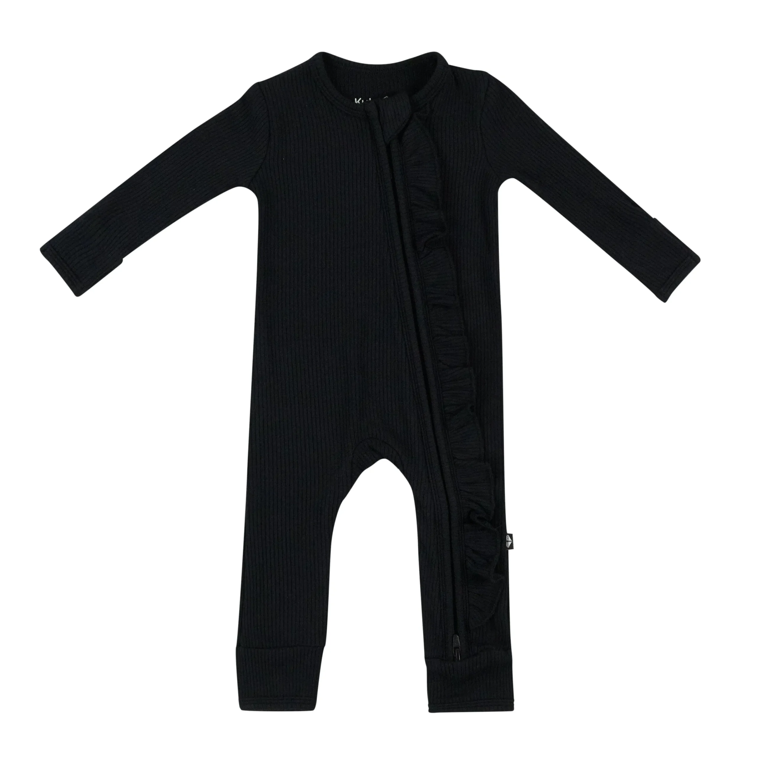 Kyte Baby Ribbed Ruffle Zipper Romper in Midnight