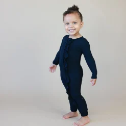 Kyte Baby Ribbed Ruffle Zipper Romper in Midnight