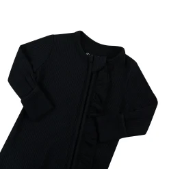Kyte Baby Ribbed Ruffle Zipper Romper in Midnight