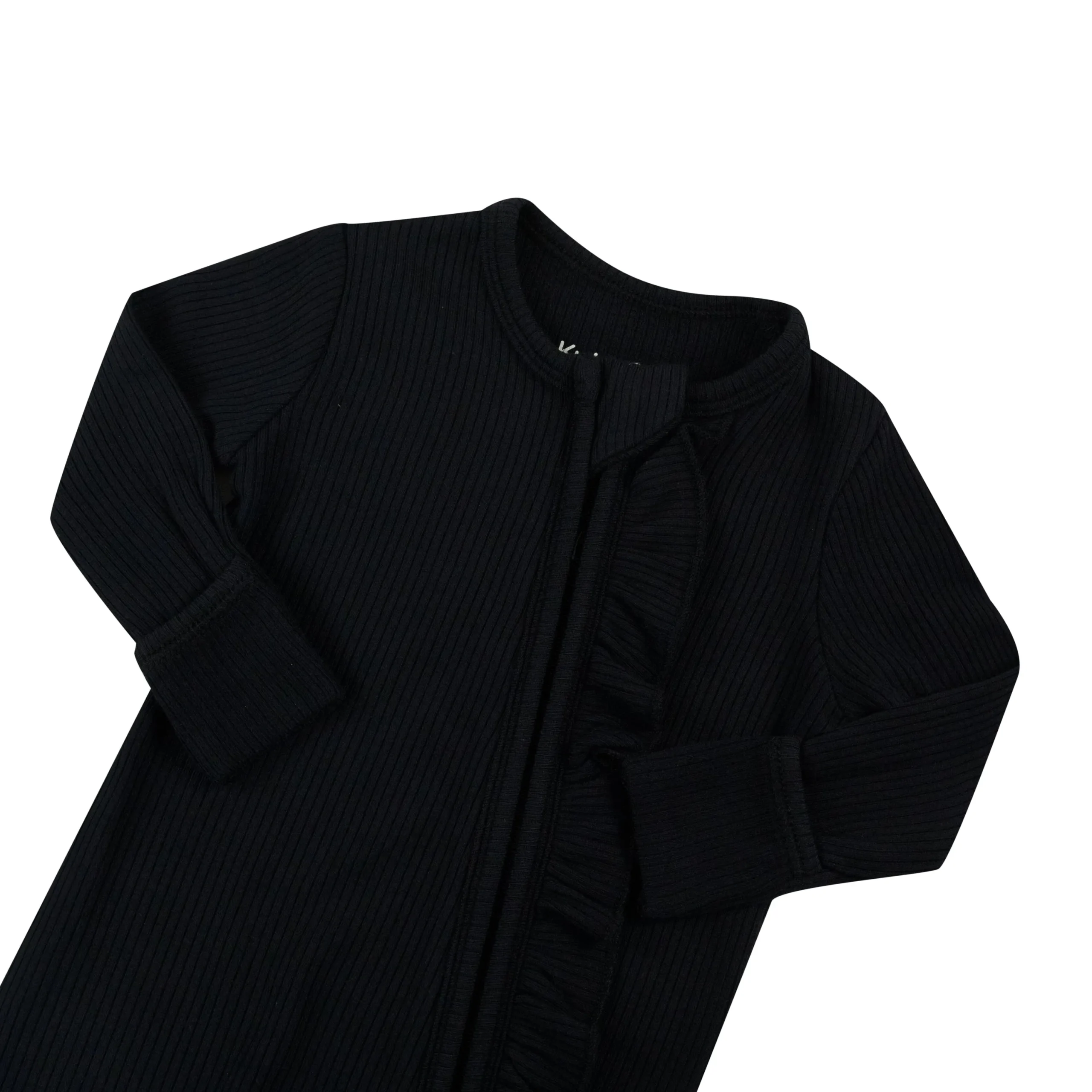 Kyte Baby Ribbed Ruffle Zipper Romper in Midnight